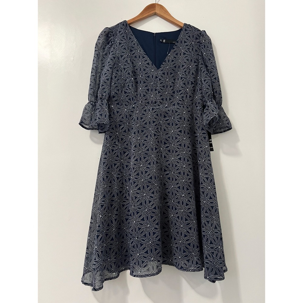 Leslie Fay Navy White Geometric Print V-Neck Ruffle Sleeve Dress Size‎ 8 NEW